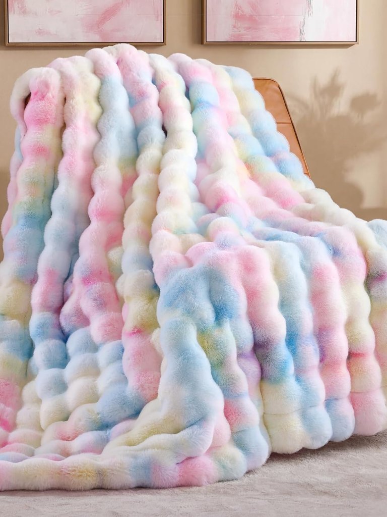 Faux Fur Throw Blanket For Couch - Rainbow Super Soft Cozy Bubble Blanket, Fluff